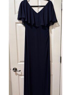 Connected Apparel Navy Blue Ruffle Off-Shoulder Gown Size 10 Stylish Evening Dre